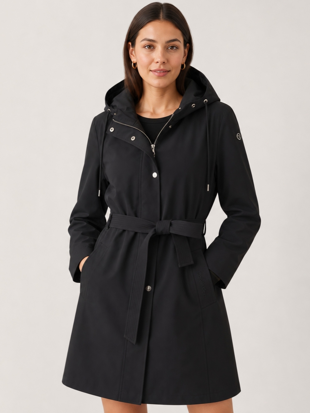 Calvin Klein Belted Hooded Trench Coat Black Quiet Luxury Minimalist Classic Y2K